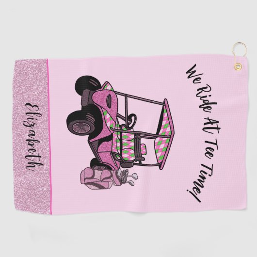 Leuke Roze Glitter Golfkar Gepersonaliseerde Dames Golfhanddoek (Horizontaal)