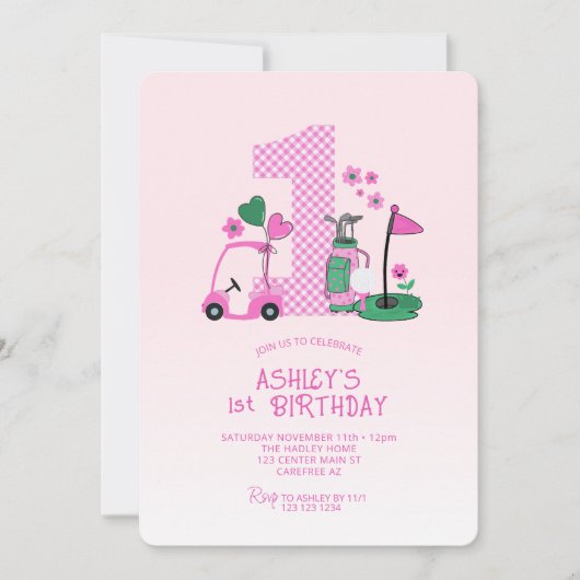 Leuke roze golf 1e verjaardag uitnodiging (Voorkant)