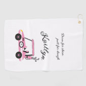 Leuke Roze Golf Dames Kar Race Auto Monogram Naam  Golfhanddoek (Horizontaal)