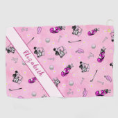 Leuke roze golfkar en uitrusting gepersonaliseerde golfhanddoek (Horizontaal)