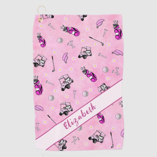 Leuke roze golfkar en uitrusting gepersonaliseerde golfhanddoek (Voorkant)