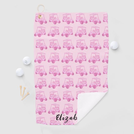 Leuke roze golfkar gepersonaliseerde naam golfhanddoek (Insitu)