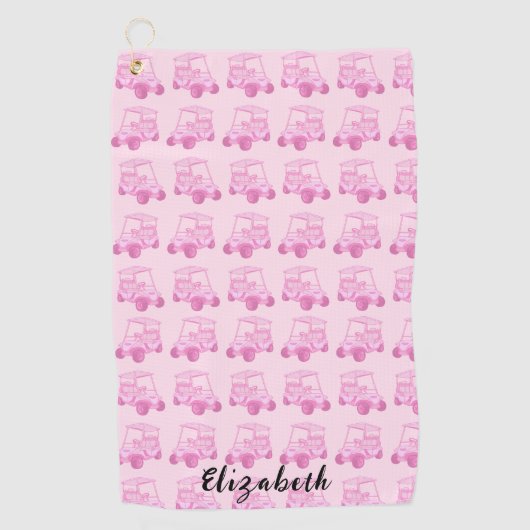 Leuke roze golfkar gepersonaliseerde naam golfhanddoek (Voorkant)