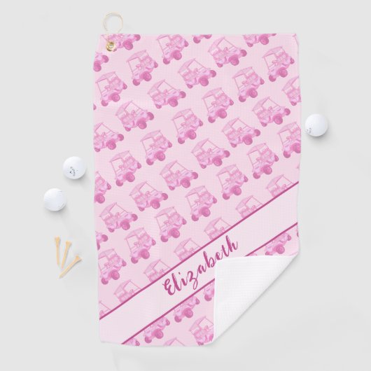 Leuke roze golfkar gepersonaliseerde naam golfhanddoek (Insitu)