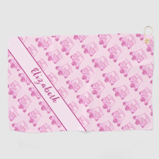 Leuke roze golfkar gepersonaliseerde naam golfhanddoek (Horizontaal)