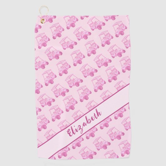 Leuke roze golfkar gepersonaliseerde naam golfhanddoek (Voorkant)