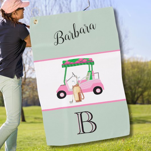 Leuke roze golfkar Monogram Naam Golfhanddoek