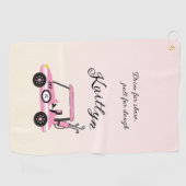 Leuke Roze Golfkar Race Auto Monogram Naam Handdoe Golfhanddoek (Horizontaal)