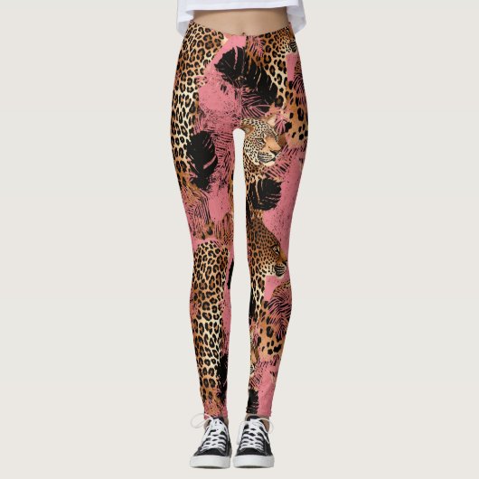 Leuke roze/gouden luipaard print leggings (Voorkant)