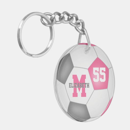 Leuke roze grijs wit voetbaltas label sleutelhanger (Voorkant Links)