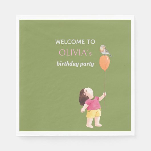 Leuke Roze & Groene Verjaardag Kinder Meisje Picni Servet (Voorkant)