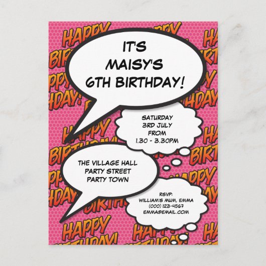 Leuke roze Happy Birthday Party Comic Speech Bubbl Uitnodiging Briefkaart (Voorkant)