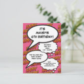 Leuke roze Happy Birthday Party Comic Speech Bubbl Uitnodiging Briefkaart (Staand voorkant)