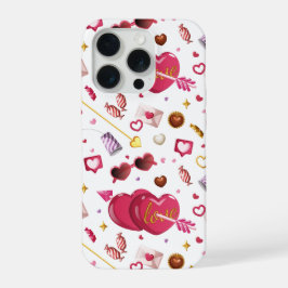 Leuke Roze Hart & Valentijn Snoepjes Patroon iPhone 15 Pro Case