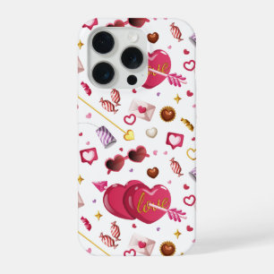 Leuke Roze Hart & Valentijn Snoepjes Patroon iPhone 15 Pro Case