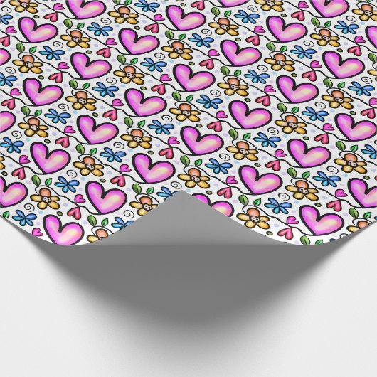 Leuke roze harten en Oranje blauwe bloemen Cadeaupapier (Hoek)
