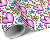 Leuke roze harten en Oranje blauwe bloemen Cadeaupapier (Rol Hoek)