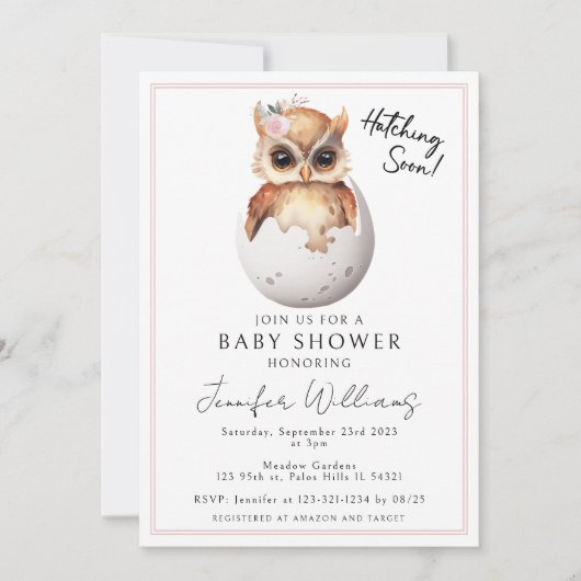 Leuke roze hatching uil baby meisje douche uitnodi kaart (Voorkant)