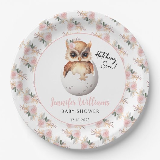 Leuke roze hatching uil baby shower papier borden papieren bordje (Voorkant)