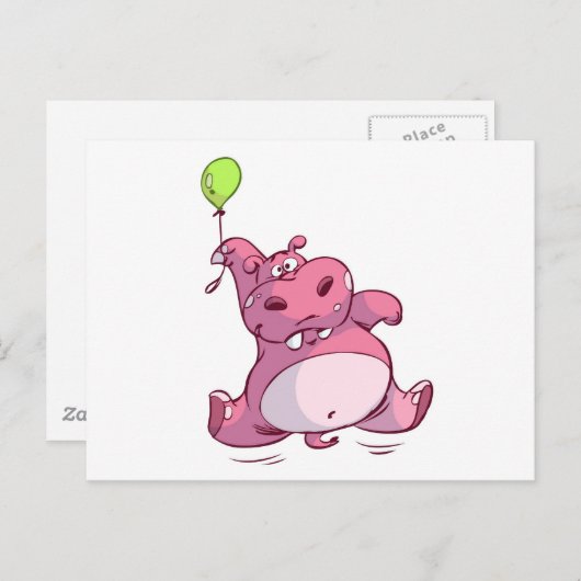 LEUKE ROZE HIPPO OP BALLON BRIEFKAART (Voorkant / Achterkant)