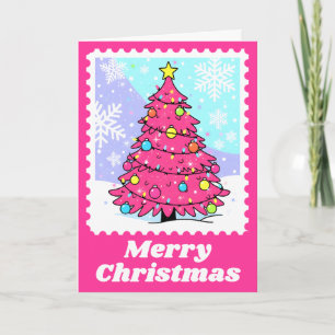 Leuke Roze Kerstboom Postzegel Feestdagen Kaart