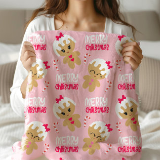 Leuke roze kerstdeken voor kinderen peperkoek fleece deken