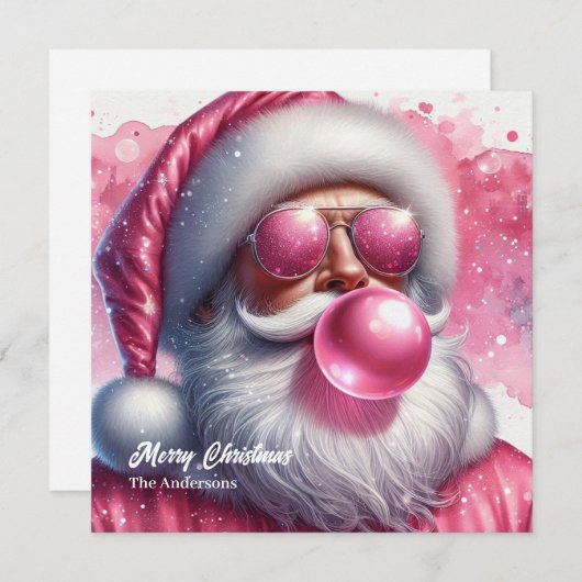 Leuke roze Kerstman blazen roze bubble gum Feestdagenkaart (Voorkant / Achterkant)