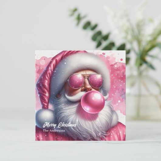 Leuke roze Kerstman blazen roze bubble gum Feestdagenkaart (Staand voorkant)