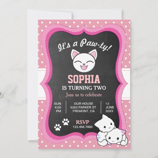Leuke roze kitty kat kids verjaardagsfeest uitnodi kaart (Voorkant)