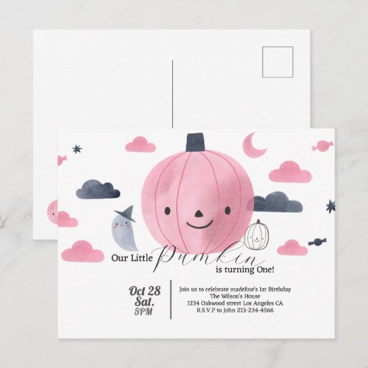leuke roze kleine pompoen verjaardagsuitnodiging briefkaart (Voorkant / Achterkant)