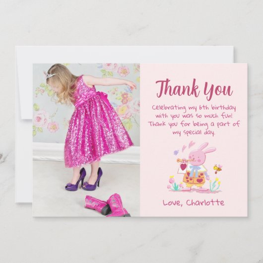 Leuke Roze Konijn Foto Platte Dankkaart Bedankkaart (Voorkant)