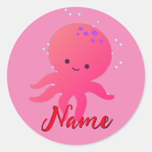 Leuke roze octopus Cartoon Voeg naam toe Ronde Sticker