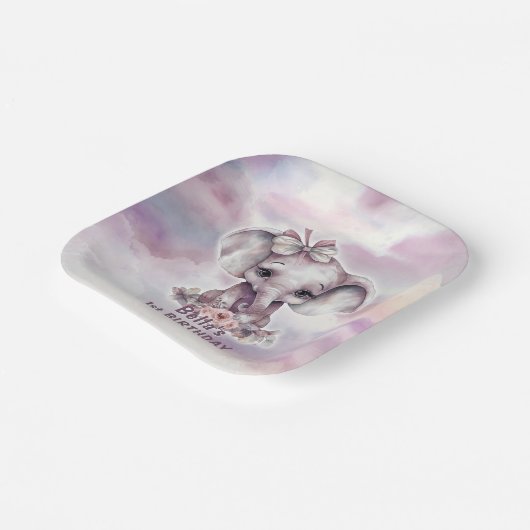 Leuke roze olifant 1e verjaardag papieren bordje (Gebogen)