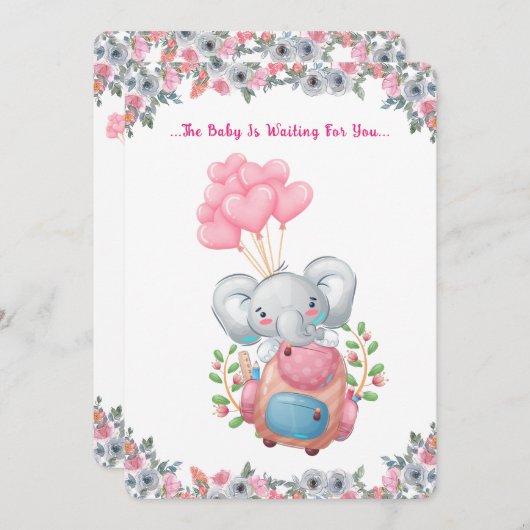 Leuke roze olifant Baby shower uitnodiging (Voorkant / Achterkant)