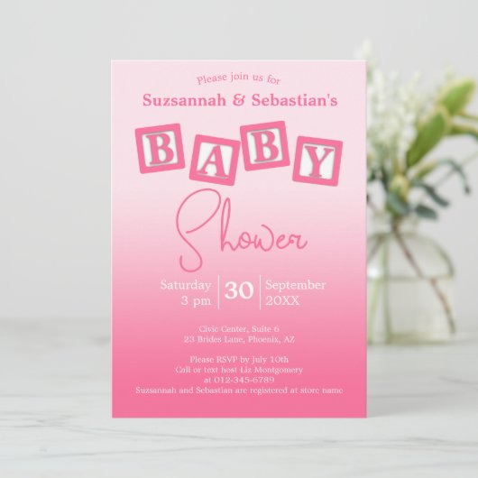 Leuke Roze Ombre BABY Meisje Blokken Shower Uitnod Kaart (Staand voorkant)