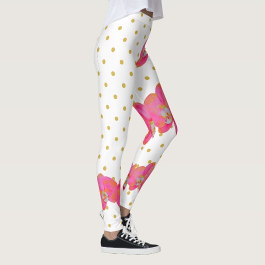 Leuke Roze Orchidee waterverf, gouden polkaDots Leggings (Rechts)