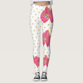 Leuke Roze Orchidee waterverf, gouden polkaDots Leggings