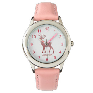 Leuke Roze Rendier Kerstmis Gepersonaliseerde Meis Horloge