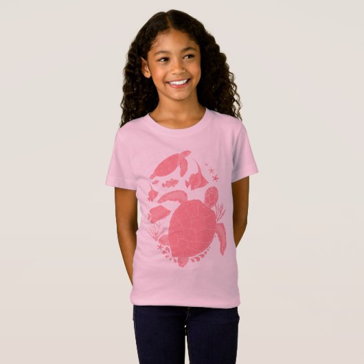 Leuke roze schildpadden en vissen Ocean Print T-shirt (Voorkant volledig)