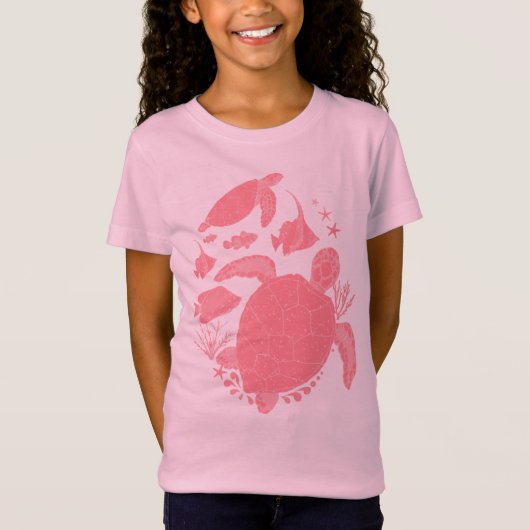 Leuke roze schildpadden en vissen Ocean Print T-shirt (Voorkant)
