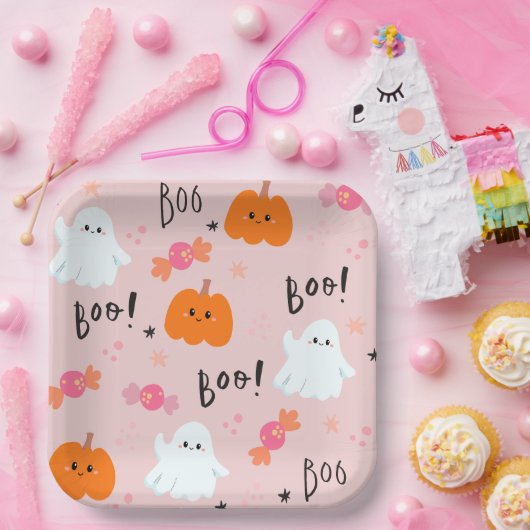 Leuke roze spook en pompoen Halloween papier Borde Papieren Bordje (Feest)