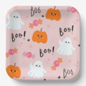 Leuke roze spook en pompoen Halloween papier Borde Papieren Bordje (Voorkant)