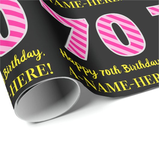 Leuke roze strepen "70"; Gelukkige 70e verjaardag; Cadeaupapier (Rol Hoek)