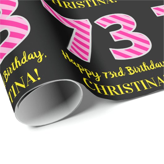 Leuke roze strepen "73"; Gelukkige 73e verjaardag; Cadeaupapier (Rol Hoek)