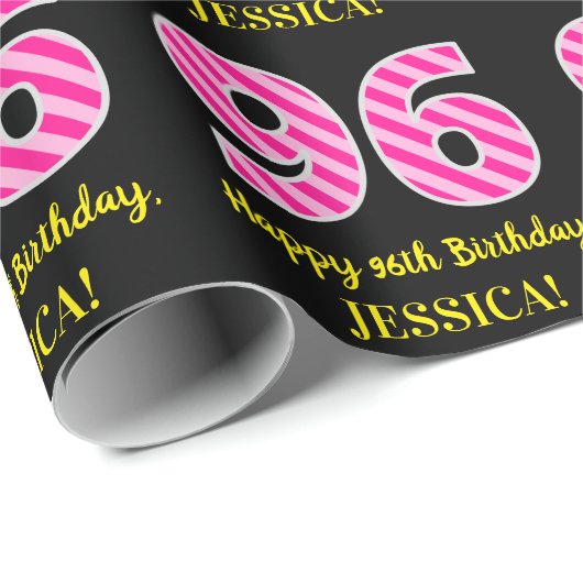Leuke roze strepen "96"; Gelukkige 96e verjaardag; Cadeaupapier (Rol Hoek)
