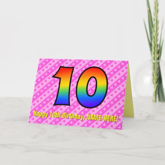 Leuke roze strepen, harten, regenboog # 10e verjaa kaart (Voorkant)