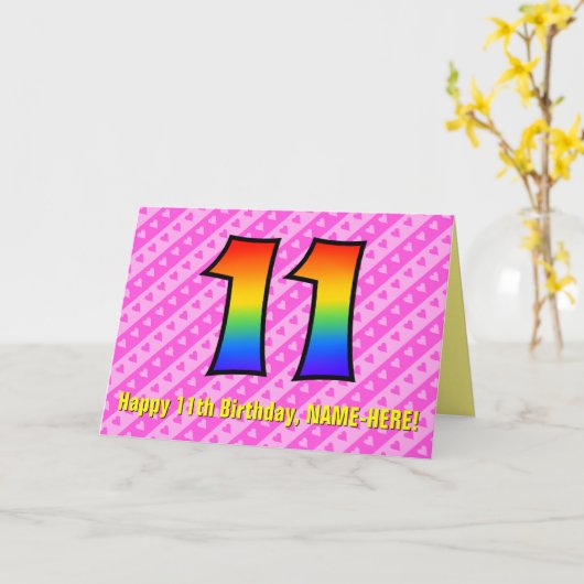 Leuke roze strepen, harten, regenboog # 11e verjaa kaart (Gele Bloem)