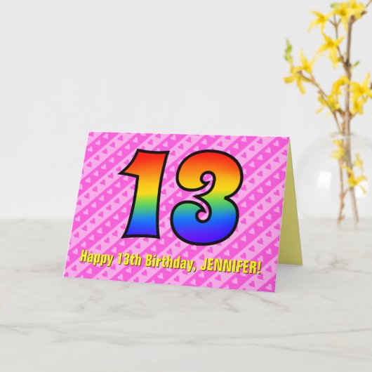 Leuke roze strepen, harten, regenboog # 13e verjaa kaart (Gele Bloem)