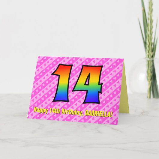 Leuke roze strepen, harten, regenboog # 14e verjaa kaart (Voorkant)