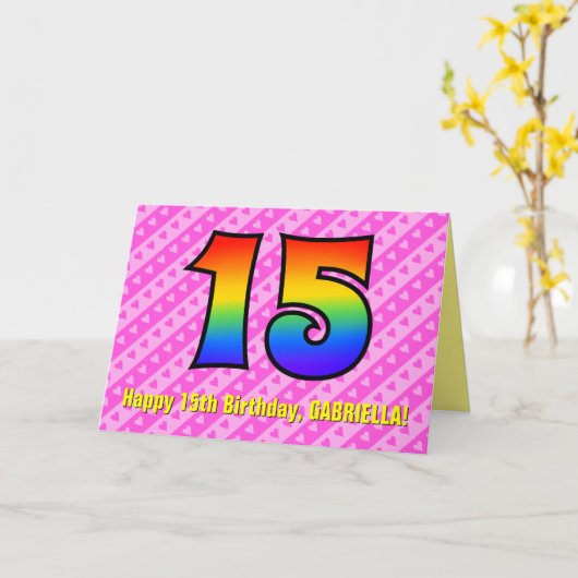 Leuke roze strepen, harten, regenboog # 15e verjaa kaart (Gele Bloem)